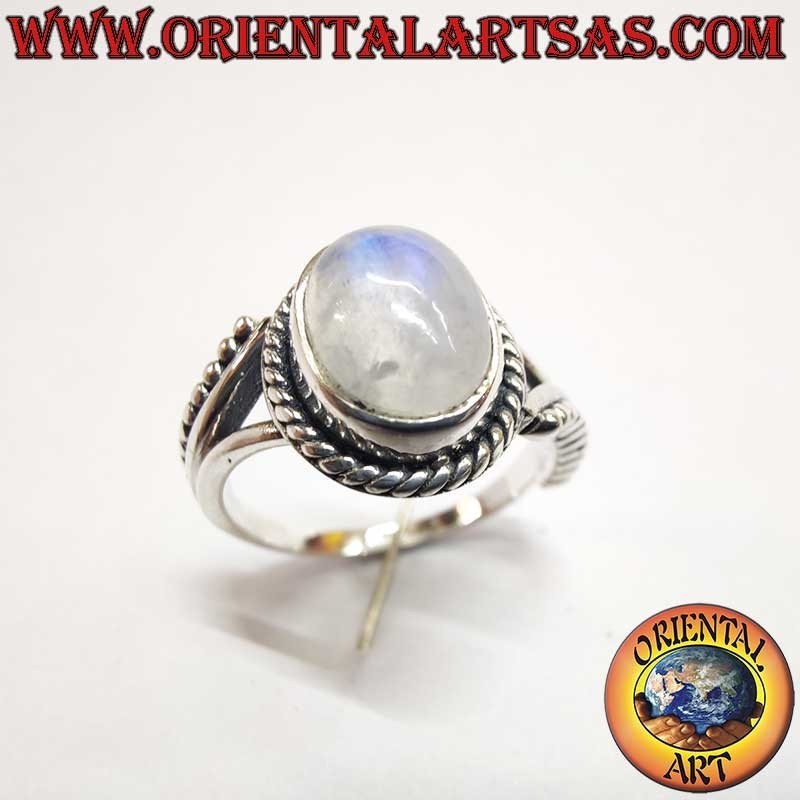 Rainbow Moonstone Oval Silver Ring - Iridescent Jewel - Asymmetrical