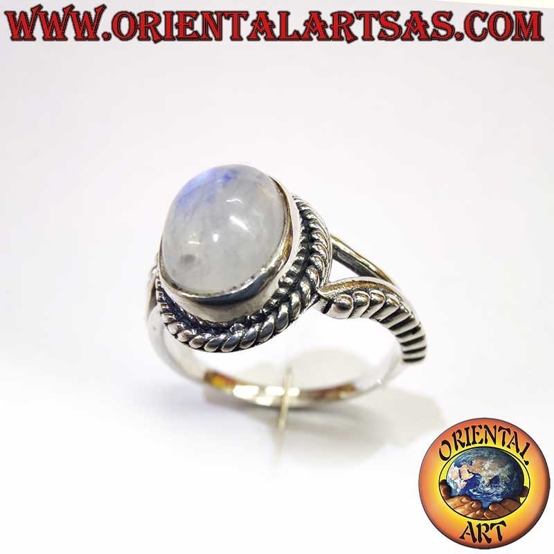 Rainbow Moonstone Oval Silver Ring - Iridescent Jewel - Asymmetrical
