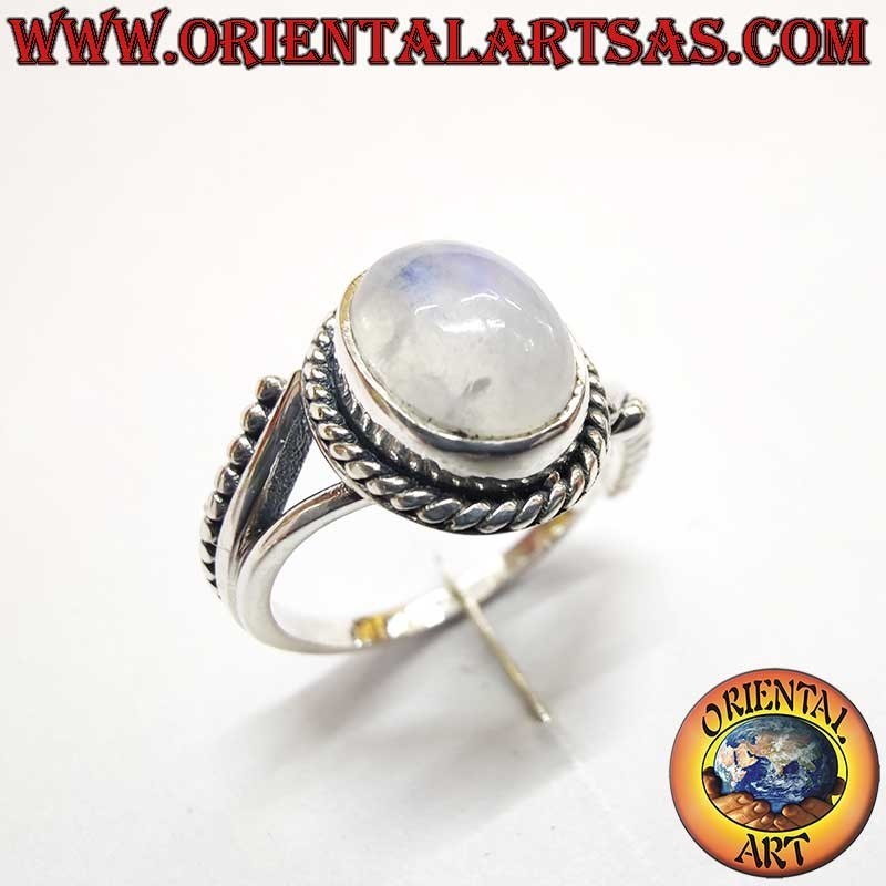 Rainbow Moonstone Oval Silver Ring - Iridescent Jewel - Asymmetrical