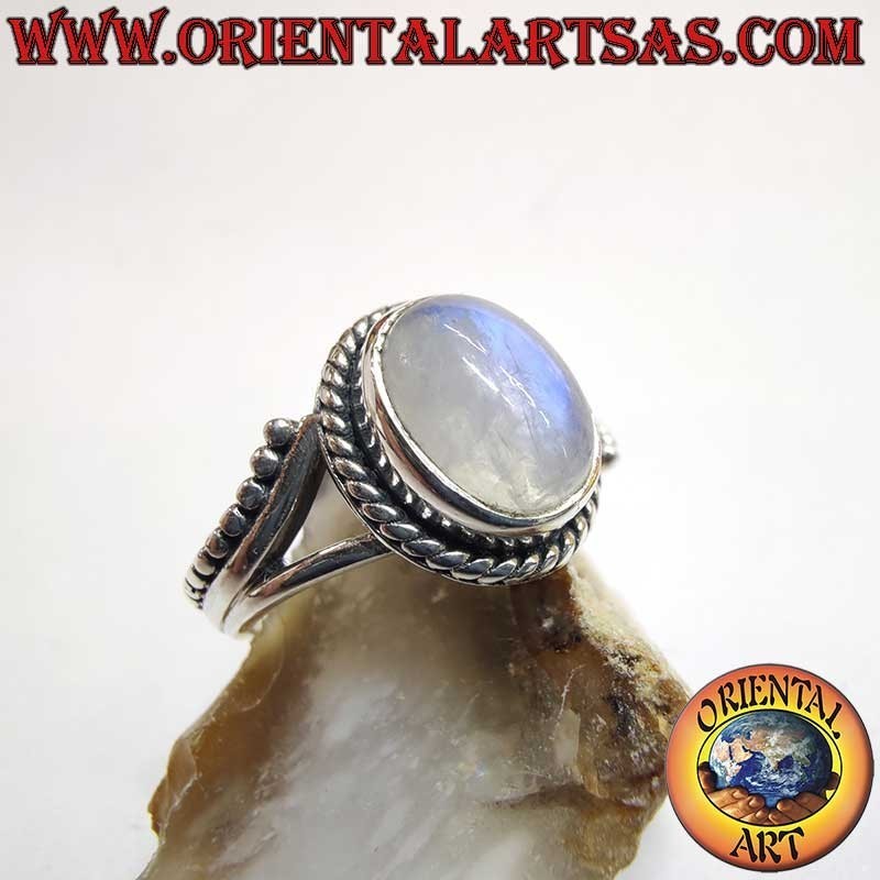 Rainbow Moonstone Oval Silver Ring - Iridescent Jewel - Asymmetrical