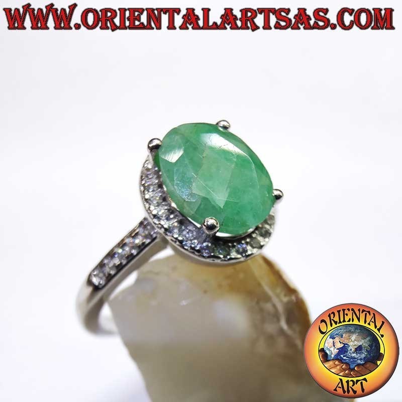 Anello Argento 925 Smeraldo Naturale Ovale - Contorno Zirconi