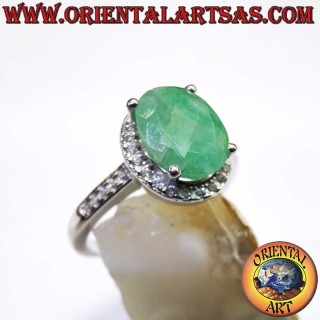 Oval Sterling Silver 925 Ring with Natural Emerald and Zircon Halo