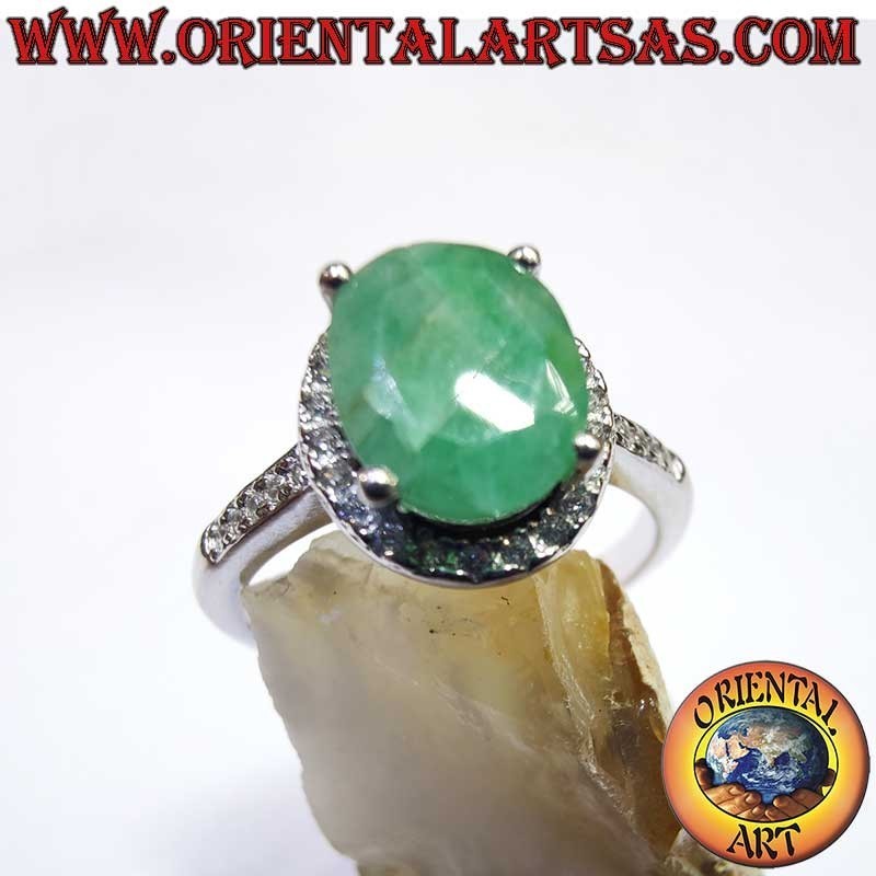 Anillo Plata 925 Esmeralda Natural Oval - Contorno Circonitas