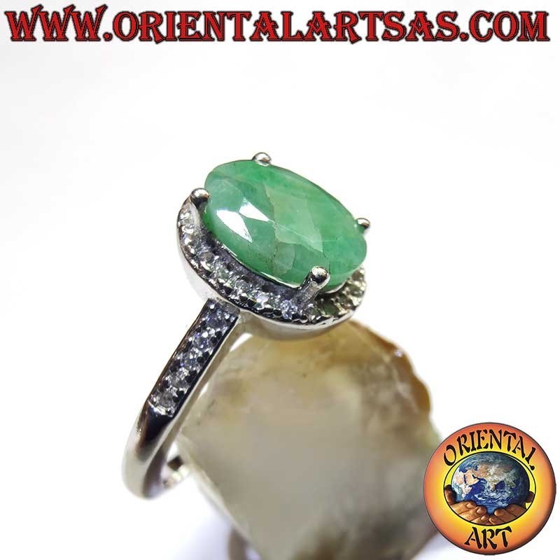 Silver 925 Natural Emerald Oval Ring - Zircon Halo