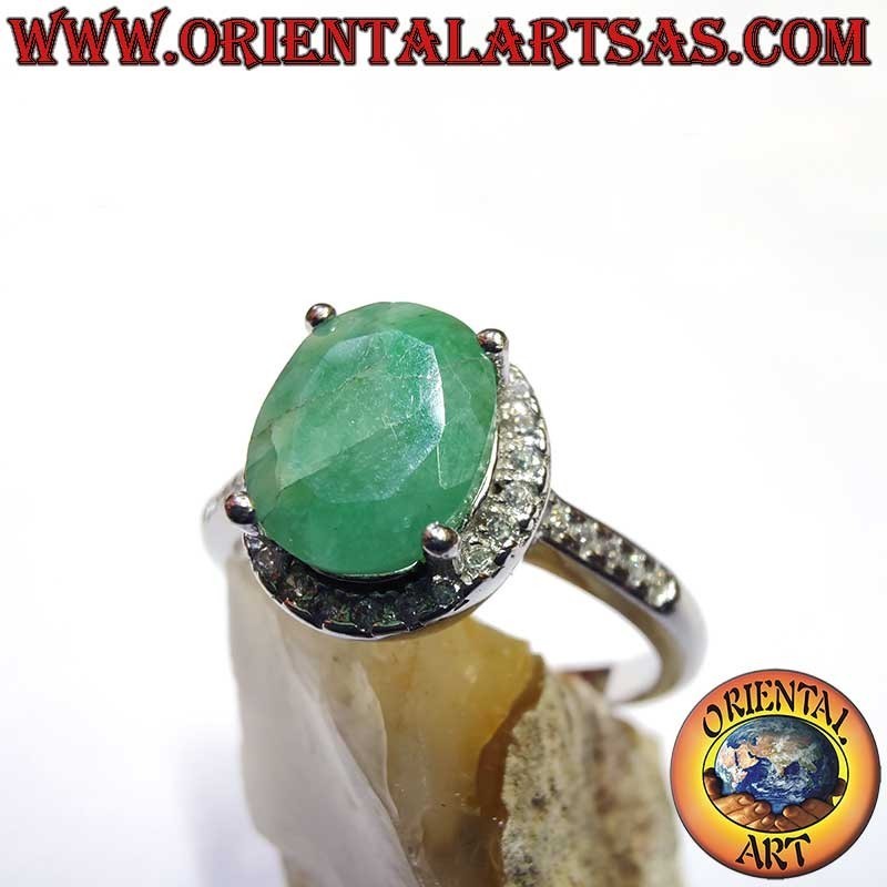 Silver 925 Natural Emerald Oval Ring - Zircon Halo