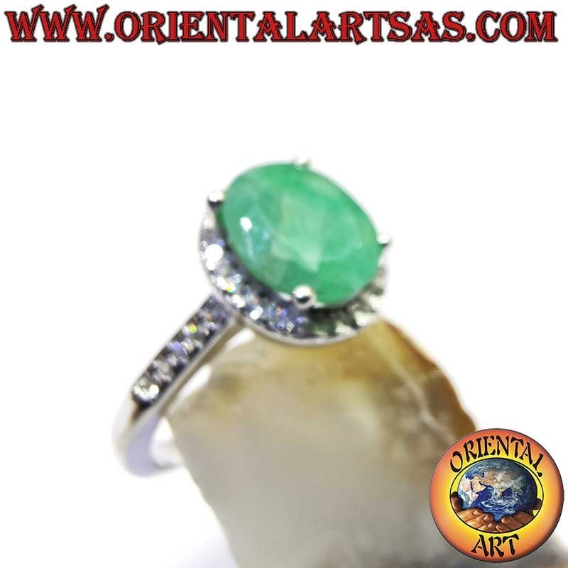 Bague Argent 925 Émeraude Naturelle Ovale - Contour Zircons