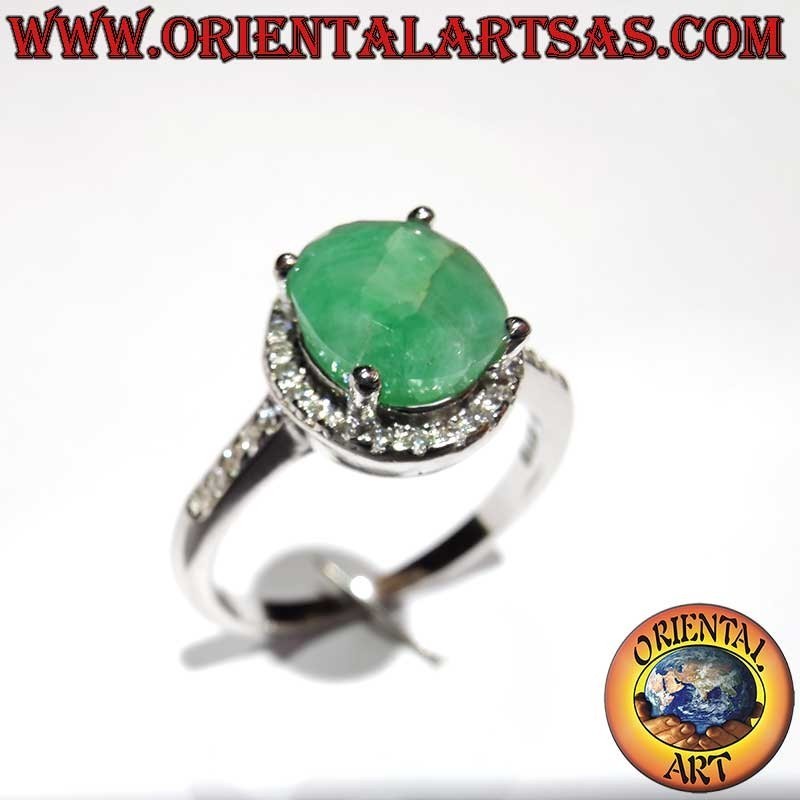 Bague Argent 925 Émeraude Naturelle Ovale - Contour Zircons