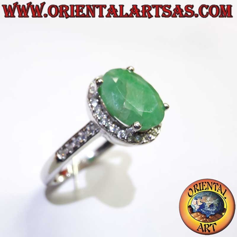 Silber 925 Natur-Smaragd Oval Ring - Zirkonia Kranz