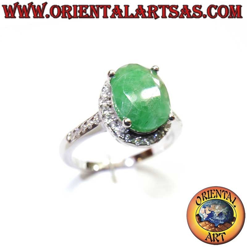 Anillo Plata 925 Esmeralda Natural Oval - Contorno Circonitas