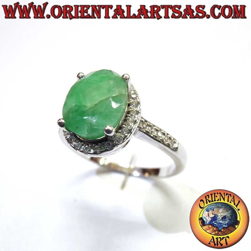 Anello Argento 925 Smeraldo Naturale Ovale - Contorno Zirconi