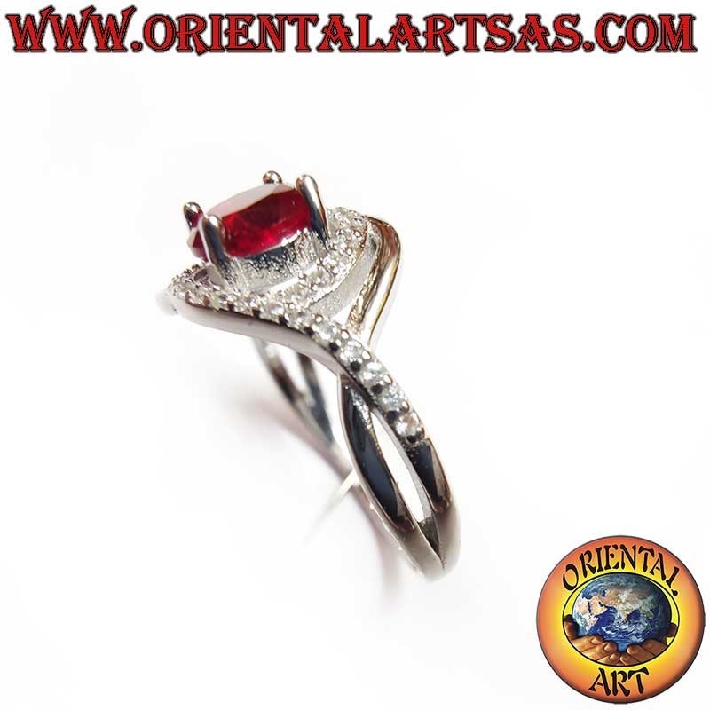 Silver 925 Garnet Zircon Ring - Asymmetrical Design