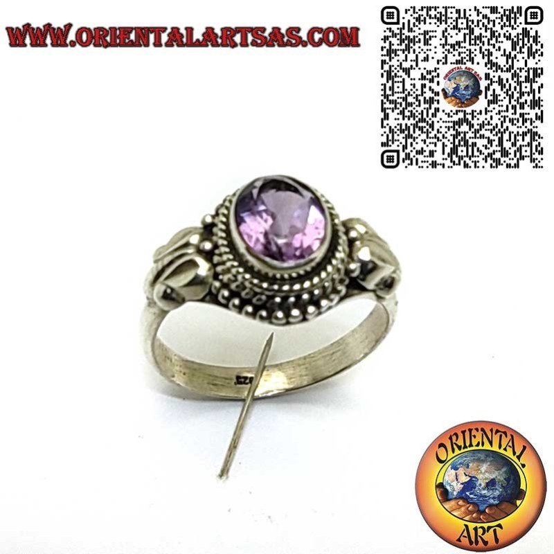 Anello in Argento 925 con Ametista Ovale Sfaccettata e Contorno Intrecciato