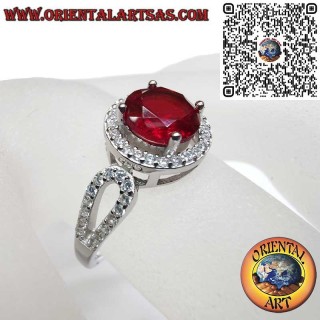 Sterling Silver 925 Ring with Round Synthetic Ruby and Zircon Frame