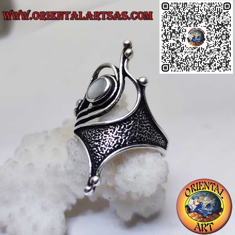 Silber 925 Ring mit Perlmutt | Skulpturales Oxidiertes Design Jugendstil