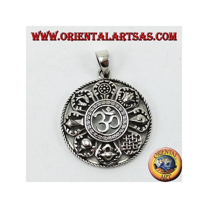 Silver Pendant, Om with eight Good Auspicious Symbols (Large)