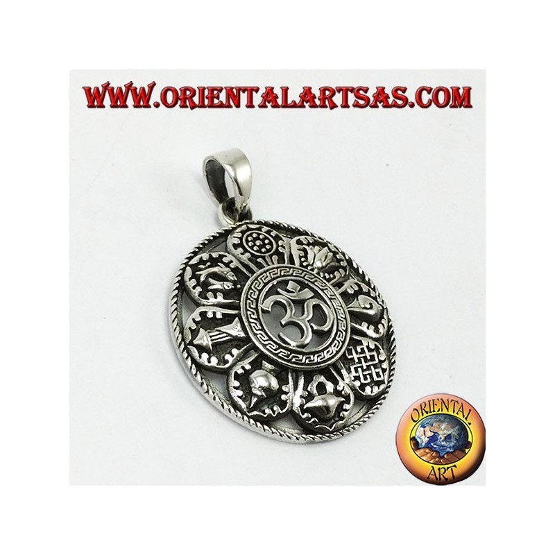 Silver Pendant, Om with eight Good Auspicious Symbols (Large)