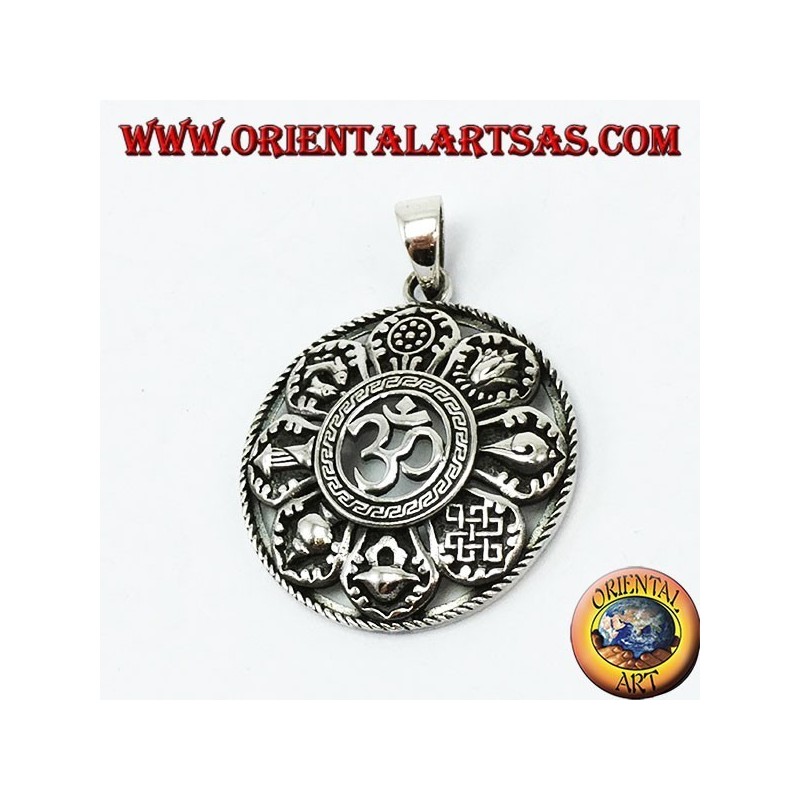 Colgante de plata, Om con ocho buenos símbolos auspiciosos (grande)