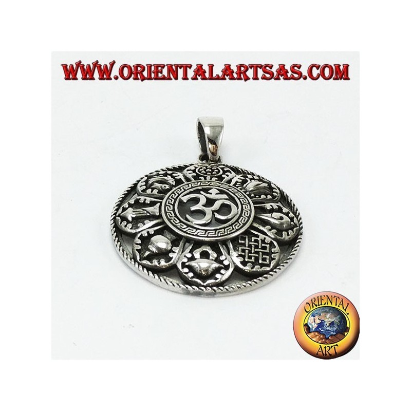 Colgante de plata, Om con ocho buenos símbolos auspiciosos (grande)