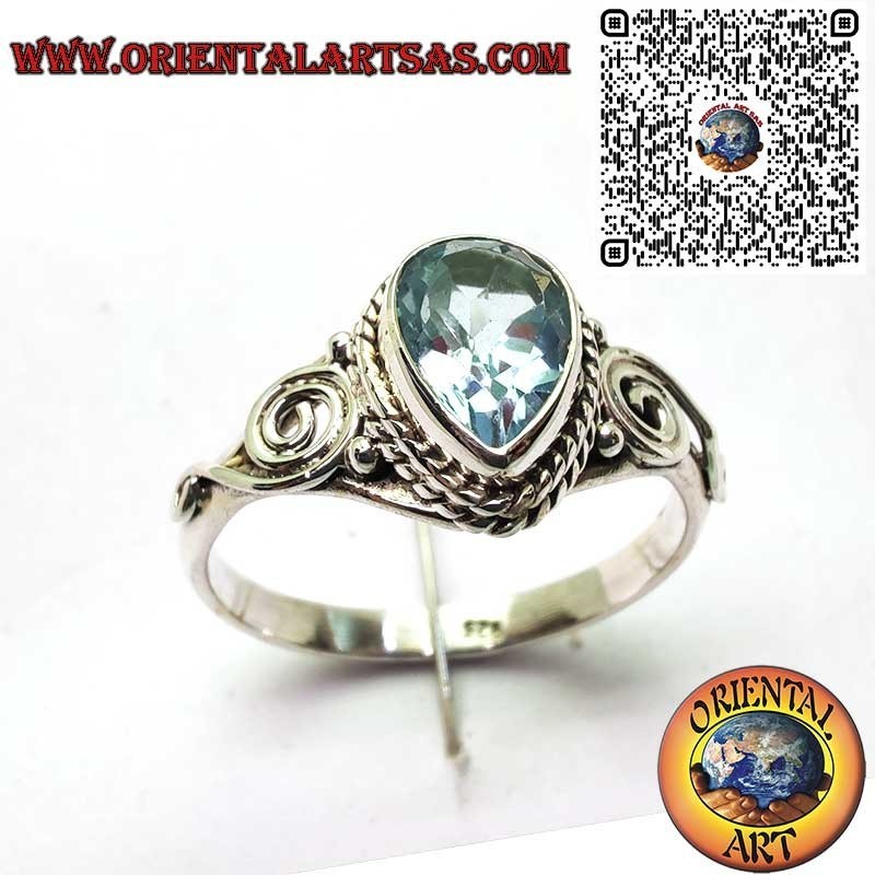 Bague Argent 925 avec Topaze Naturelle Goutte et Design Spirale Latérale