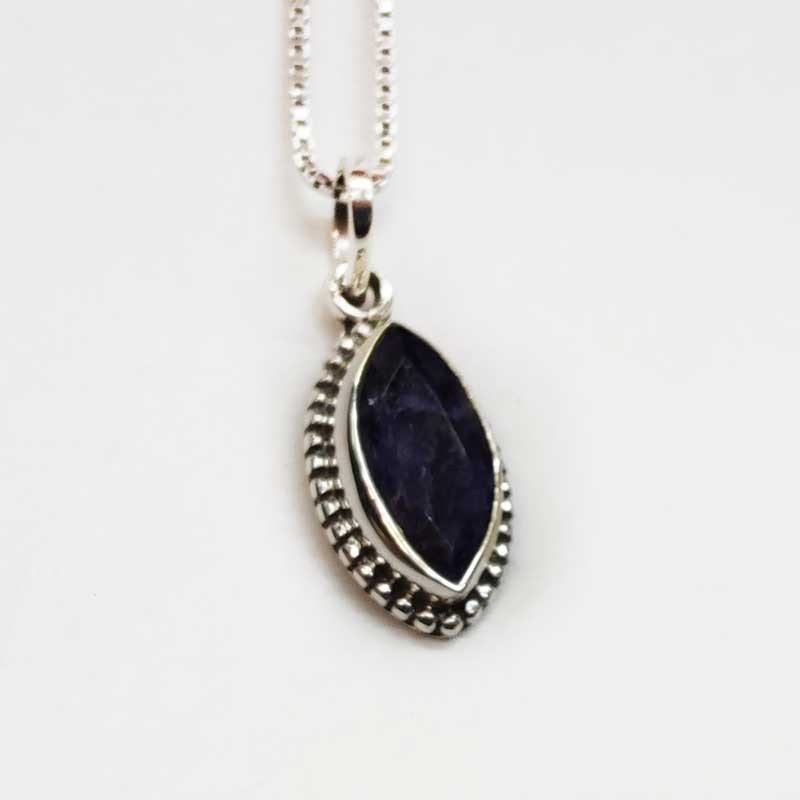 Pendentif Saphir Naturel Navette Argent 925 - Bordure Tressée