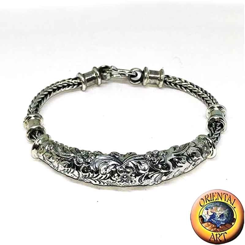 Pulsera Snake Plata 925 - Cadena con Inserto de Flores Cinceladas