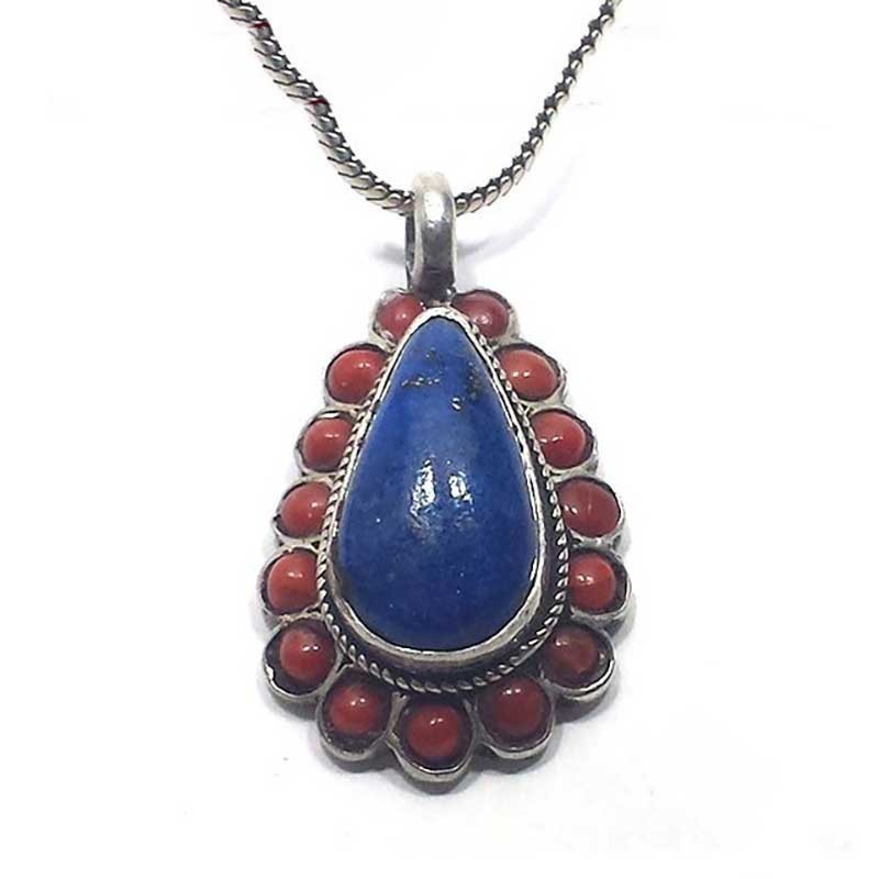 Silver Pendant Lapis drop surrounded by coral