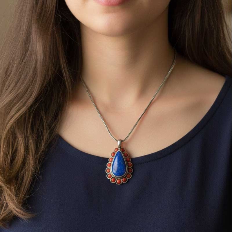 Silver Pendant Lapis drop surrounded by coral