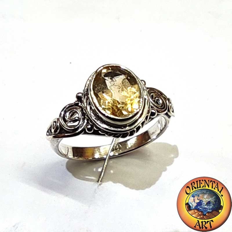 Sterling Silver Ring with Natural Yellow Topaz Oval Cut and Side Spiral Design