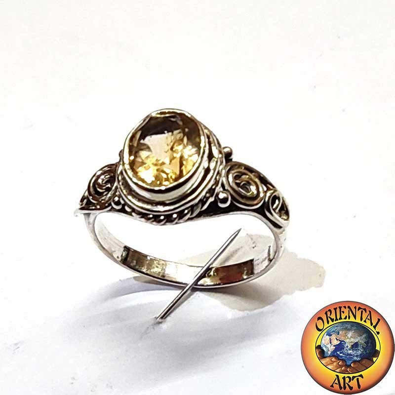 Sterling Silver Ring with Natural Yellow Topaz Oval Cut and Side Spiral Design