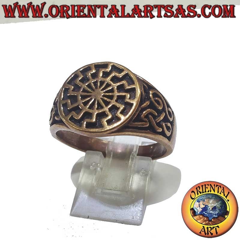 Anello Bronzo Sole Nero Nodo Celtico Altorilievo - Gioiello Simbolico Oriental Art