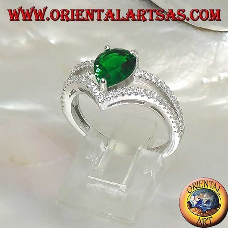 925 Sterling Silver Ring with Pear-Cut Synthetic Emerald and Zirconia