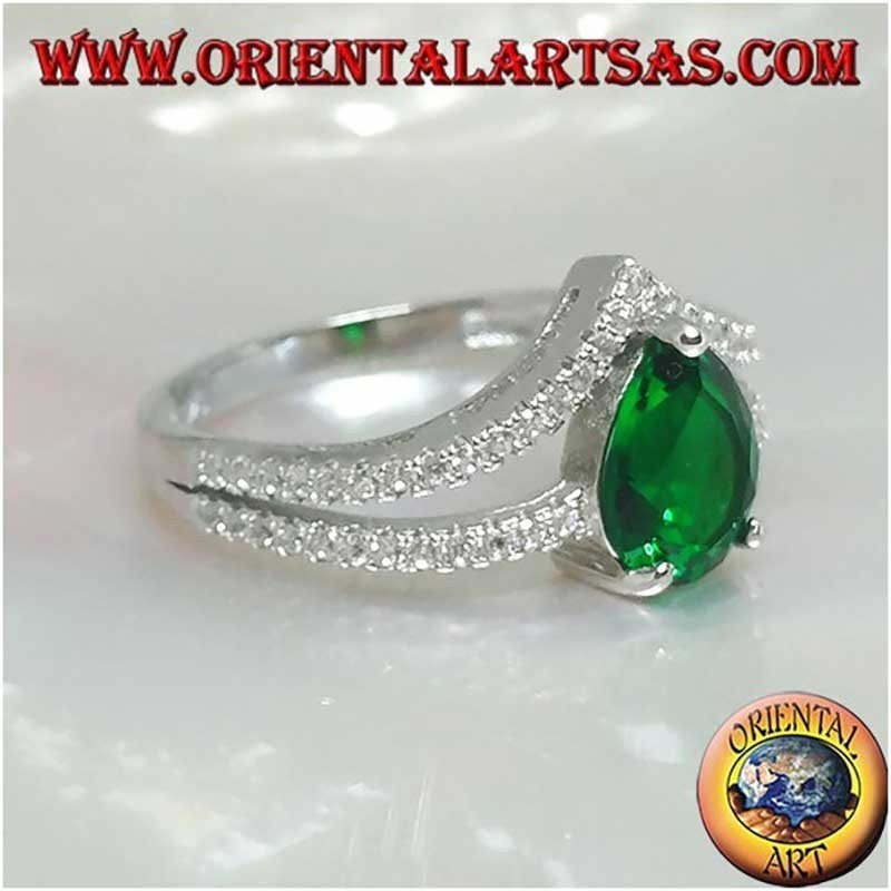 Bague en Argent 925 avec Émeraude Synthétique en Poire et Zirconiums