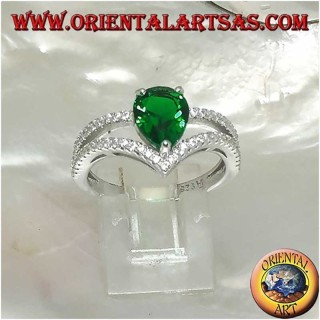 Synthetic Emerald Teardrop Ring Zircons 925 Silver - Modern Design Oriental Art
