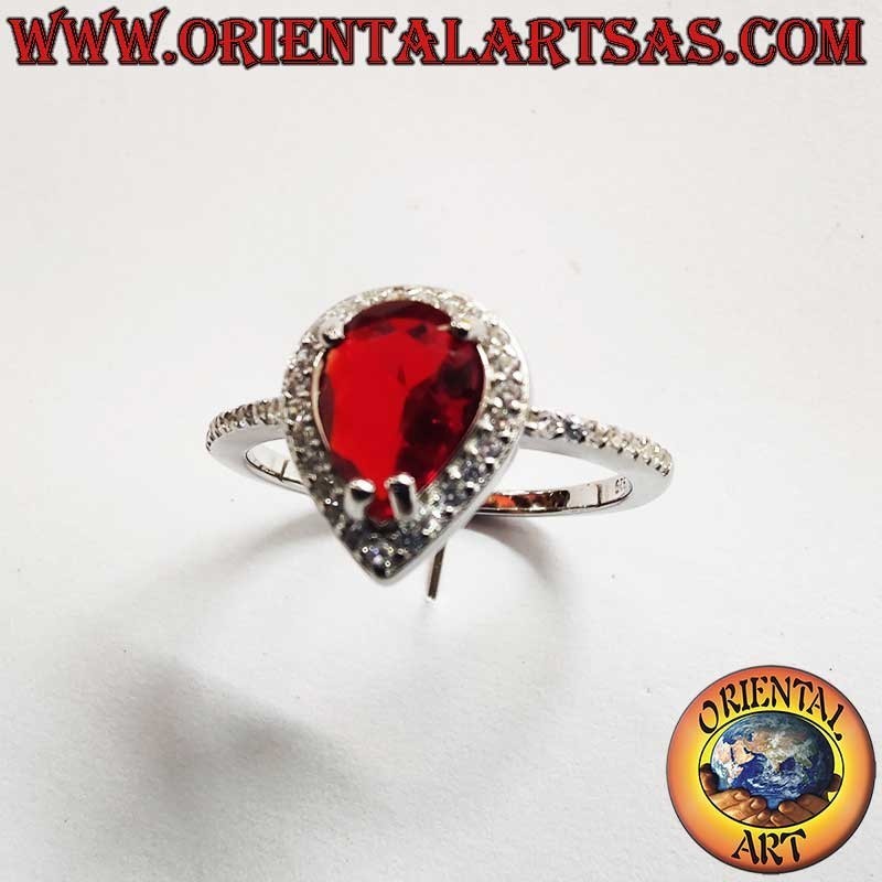 925 sterling silver ring with natural teardrop garnet and cubic zirconia