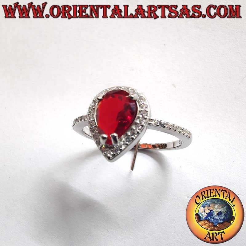 925 sterling silver ring with natural teardrop garnet and cubic zirconia