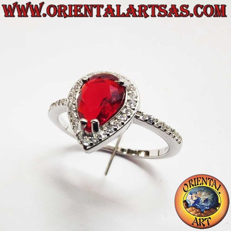Anello Granato Goccia Zirconi Argento 925 - Gioiello Rosso Oriental Art