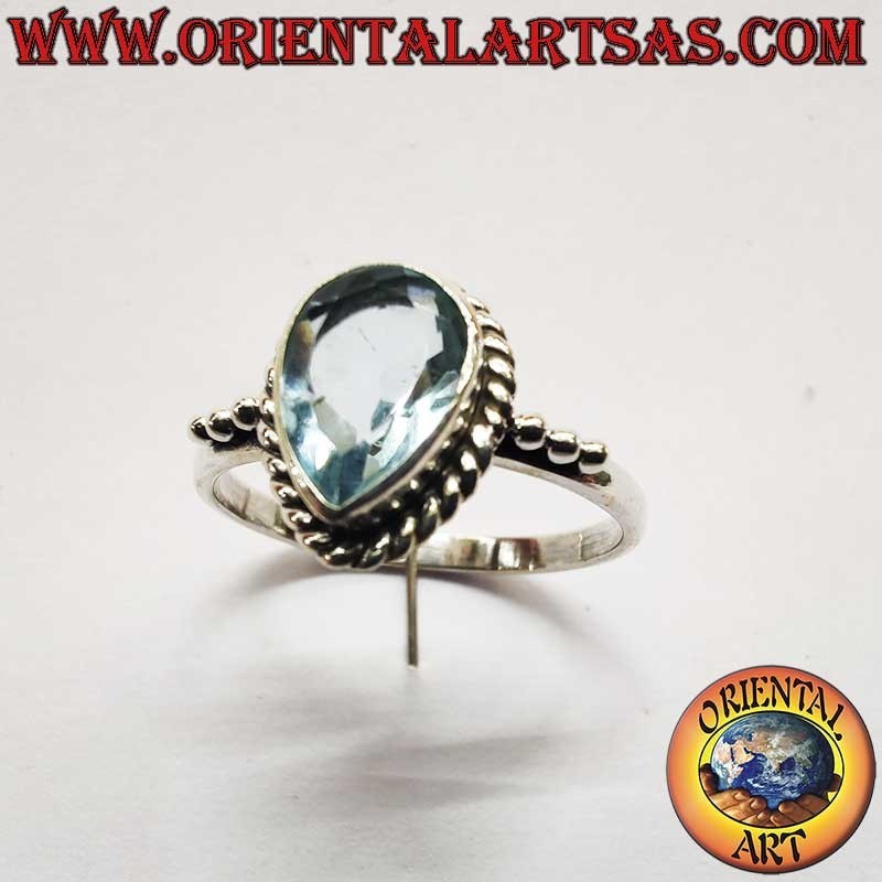 Bague Topaze Goutte Tresse Trois Perles Argent 925 7x10mm