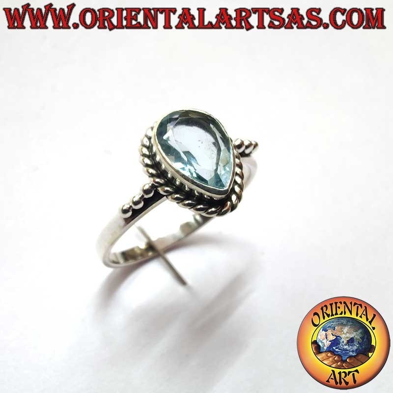 Anello Topazio Goccia Treccia Pallini Argento 925 7x10mm
