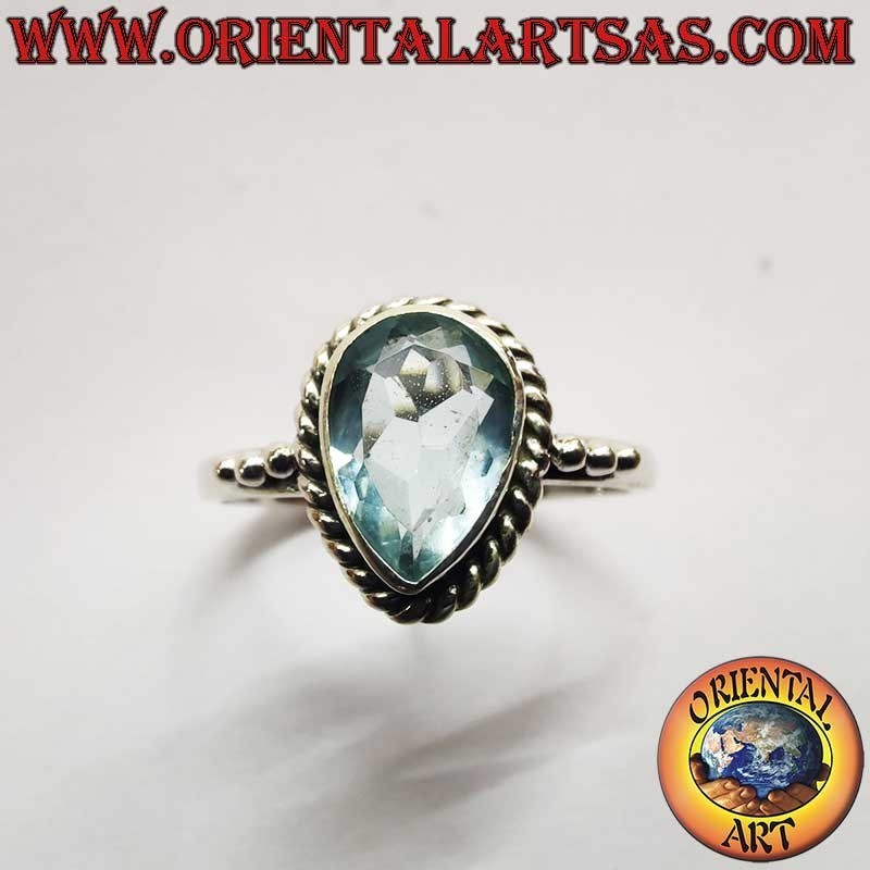 Anillo Topacio Gota Trenza Tres Perlas Plata 925 7x10mm