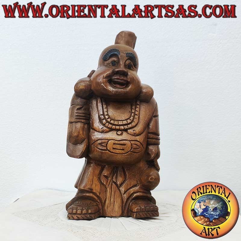 Hand Carved Teak Wood Happy Buddha Sculpture – Thai Handmade Statue 32 cm