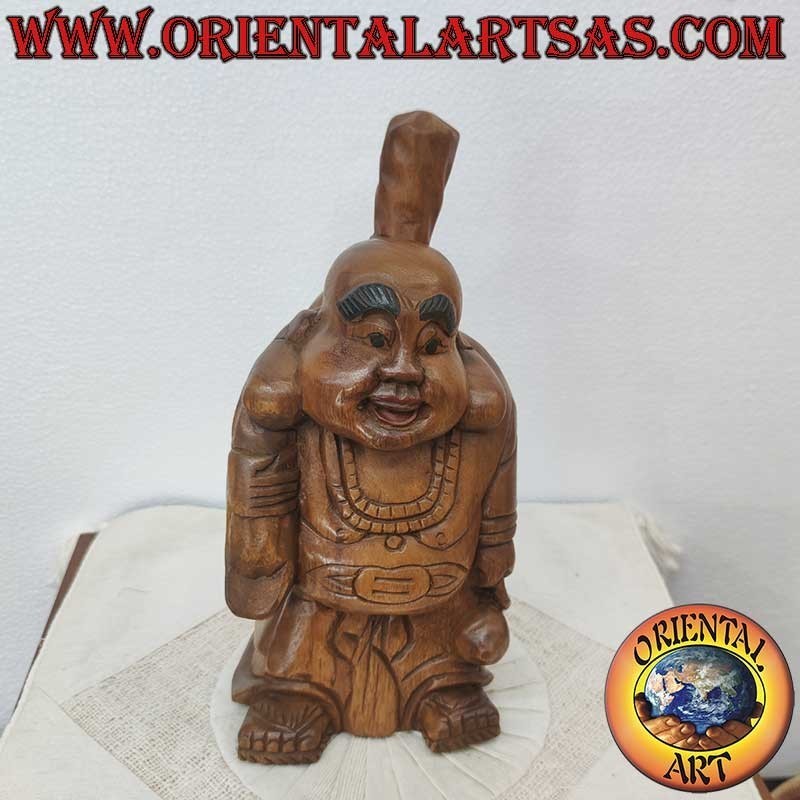 Statue Bouddha Rieur en Bois de Teck Sculpté Main – Thaïlande 32 cm