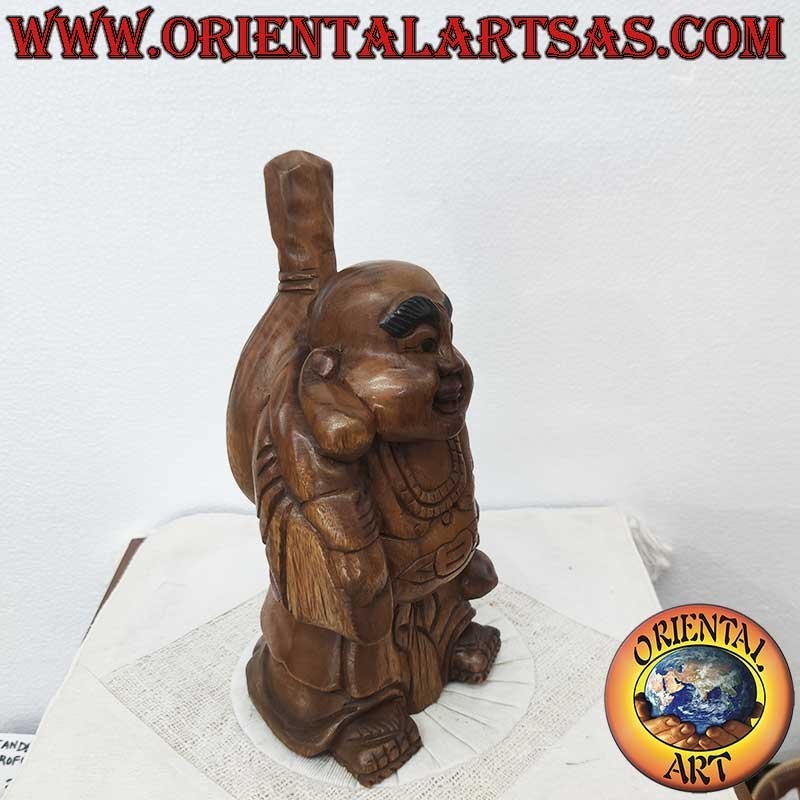 Handgeschnitzte Happy Buddha Skulptur aus Teakholz – Thailand 32 cm