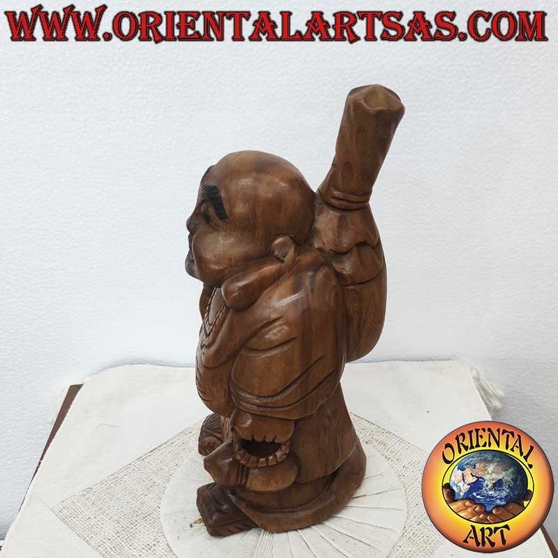 Hand Carved Teak Wood Happy Buddha Sculpture – Thai Handmade Statue 32 cm