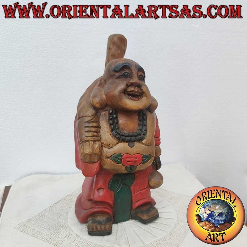 Buddha of Happiness Sculpture in Teak Wood, Hand Made and Colored