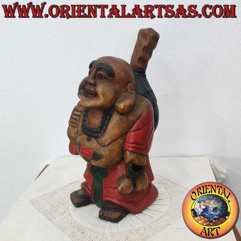 Buddha of Happiness Sculpture in Teak Wood, Hand Made and Colored