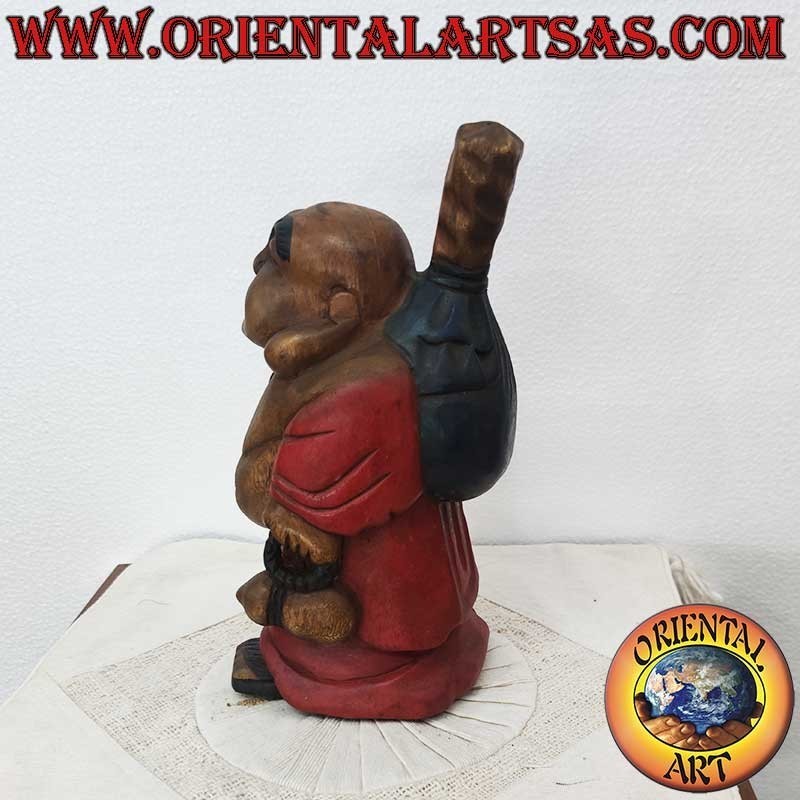 Escultura del Buda de la Felicidad en madera de teca, hecha y pintada a mano.