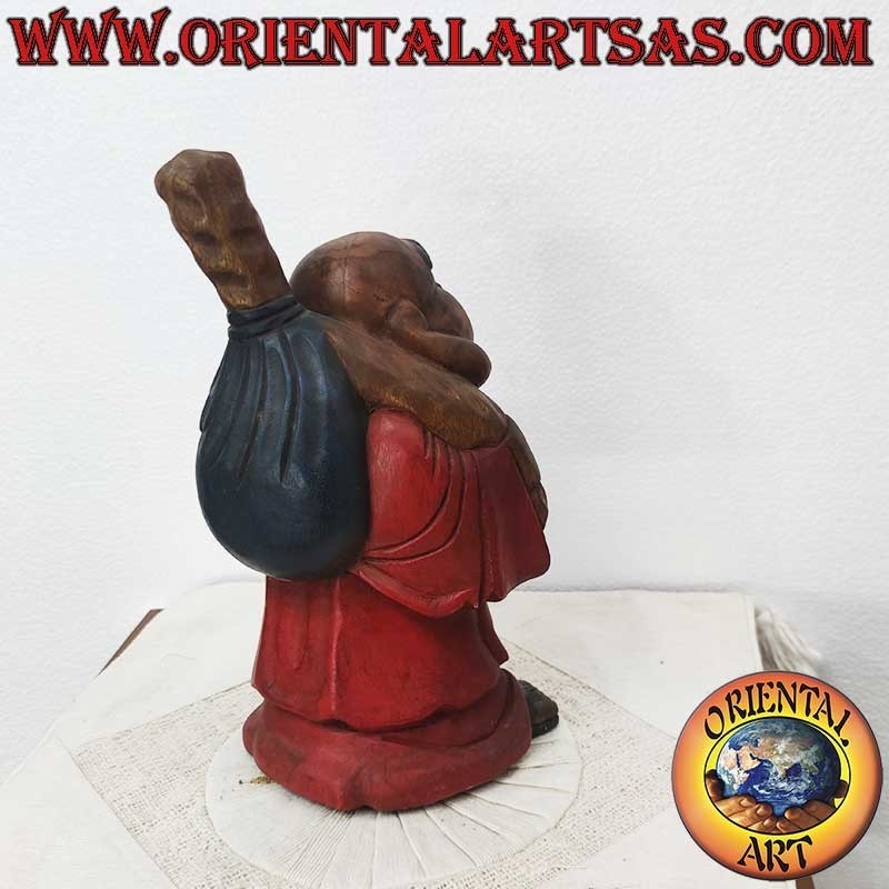 Escultura del Buda de la Felicidad en madera de teca, hecha y pintada a mano.