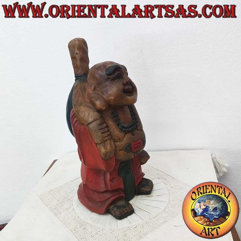 Escultura del Buda de la Felicidad en madera de teca, hecha y pintada a mano.