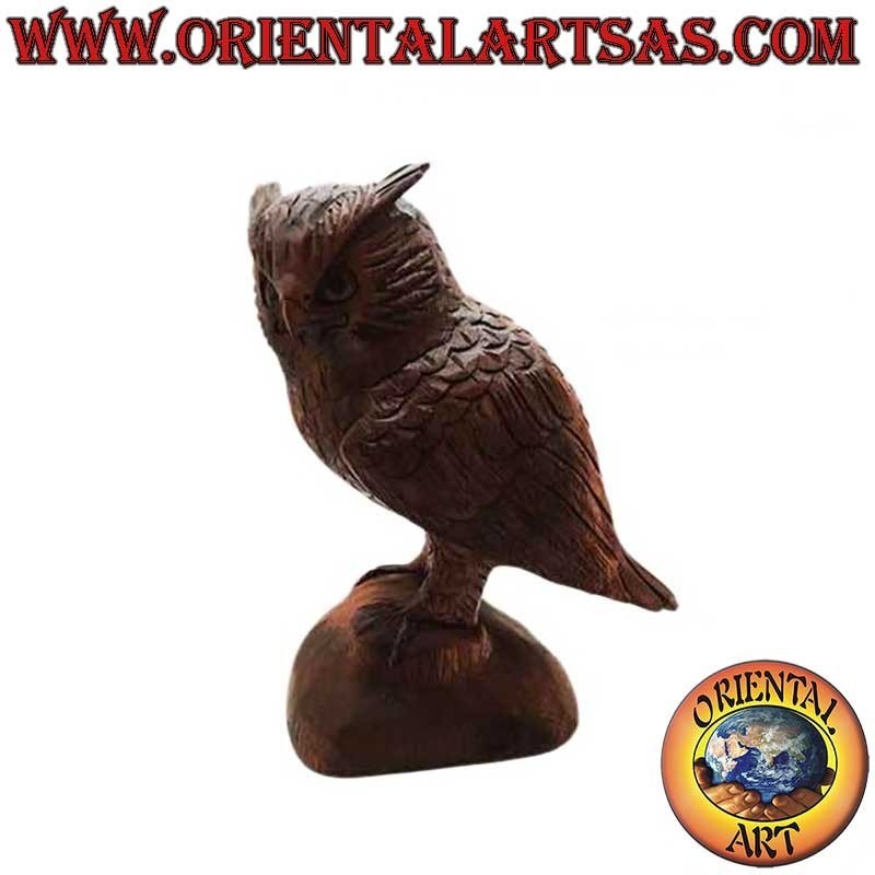 Sculpture of an eagle owl standing upright on its paws hand-carved in 21 cm suar wood