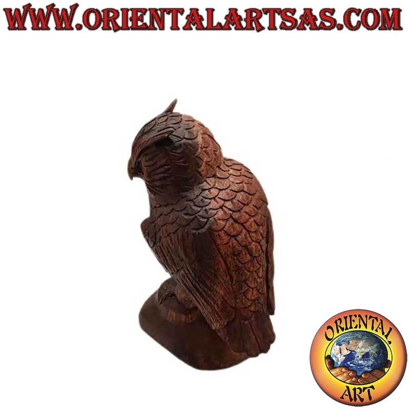 Sculpture of an eagle owl standing upright on its paws hand-carved in 21 cm suar wood